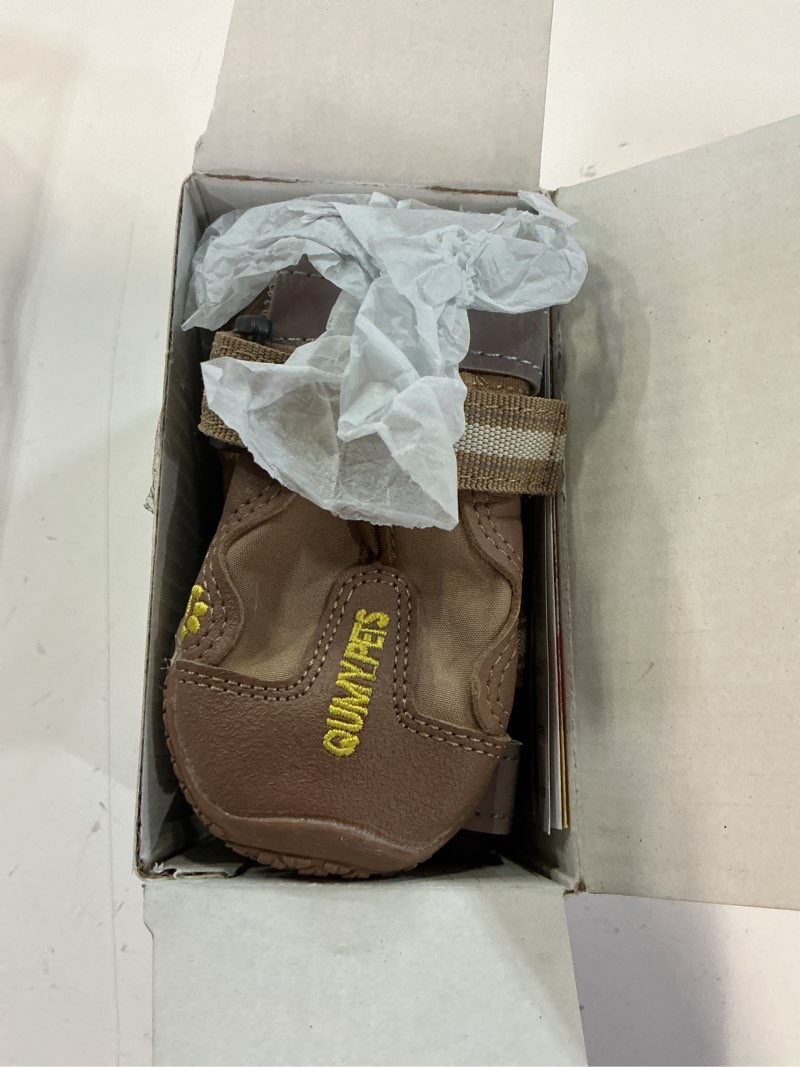 Condition photo showing Good Condition for qumy dog shoes for large dogs, medium dog boots & paw protectors for winter snowy day, summer hot pavement, water-resistant in rainy weather, outdoor walking, indoor hardfloors skid-resistant sole khaki size 1: 1.8''x2.3''(w*l) (pack of 4)