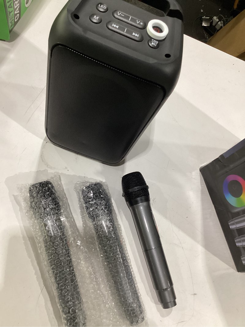 Condition photo showing New/Like New for bluetooth speaker with 3 wireless microphones?portable party speaker for adults & kids with lights,speakers bluetooth wireless?floorstanding speakers support tws/aux/usb/tf card for home party gift 3 mics