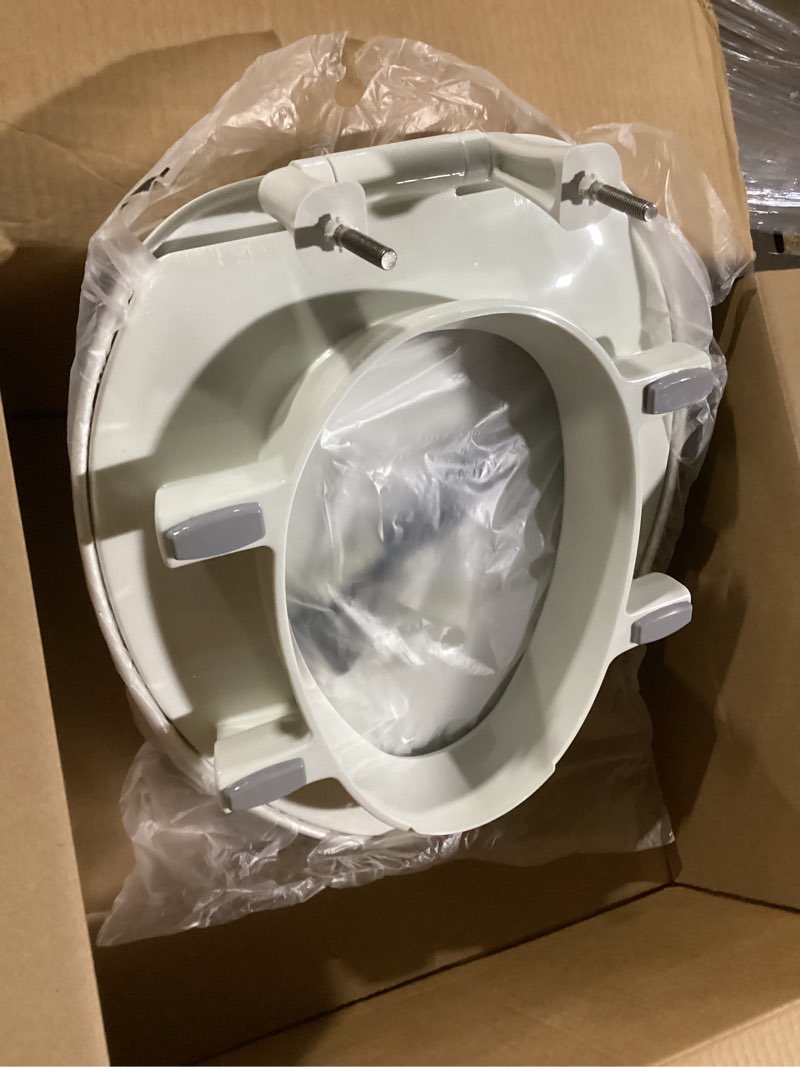 Condition photo showing As Is for bemis assurance 3" raised toilet seat for seniors, made in usa, secure hinges, clean shield guard, elongated, white elongated raised seat