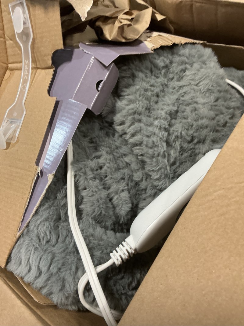 Condition photo showing As Is for heated blanket electric blanket,cozy faux rabbit fur & soft flannel warm heater throw blanket with 5 fast heating levels &10hours auto-off over-heat protection?50" x 60" (grey)