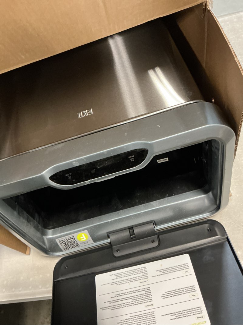 Condition photo showing As Is for EKO Mirage-T 50 Liter / 13.2 Gallon Touchless Rectangular Motion Sensor Trash Can, Brushed Stainless Steel Finish