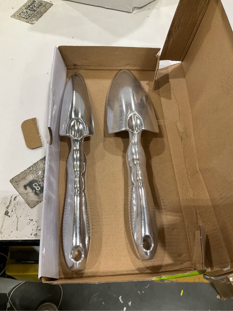 Condition photo showing As Is for gorilla easy connect heavy duty garden tools with digging trowel, transplant trowel and cultivator hand rake solid one piece cast aluminum construction