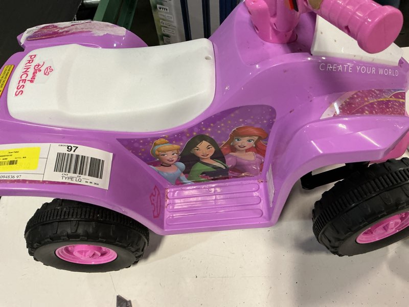 Condition photo showing As Is for disney princess atv, 6v battery powered ride on, ages 18m to 36m
