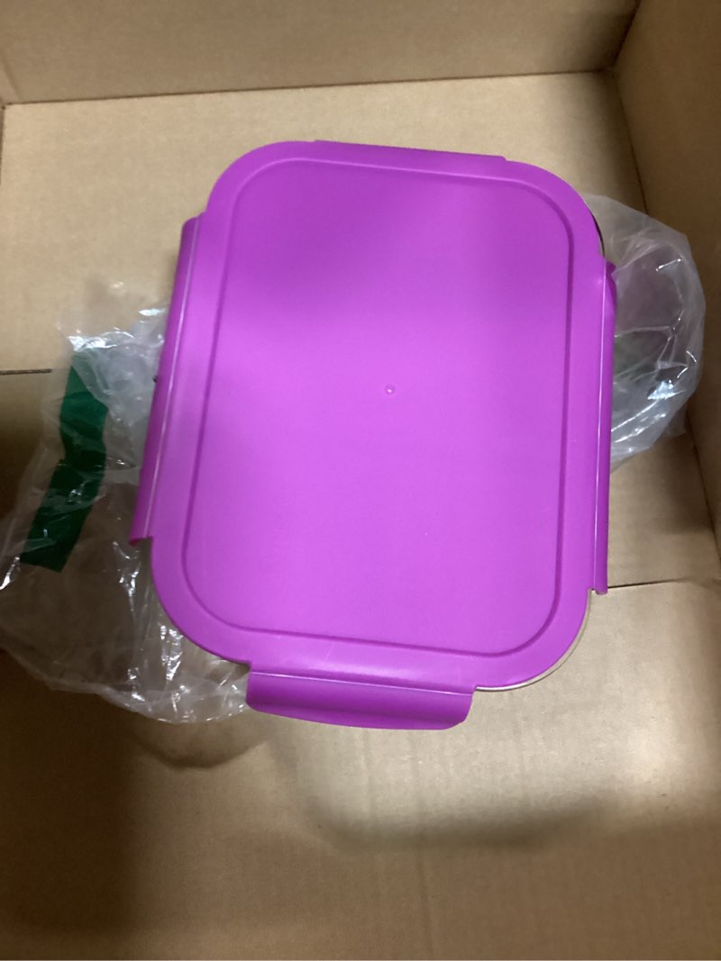 Condition photo showing As Is for Bentgo® Glass Lunch Box - Leak-Proof Bento-Style Food Container with Airtight Lid and Divided 3-Compartment Design - 5 Cup Capacity for Meal Prepping, and Portion-Controlled Meals for Adults (Purple)
