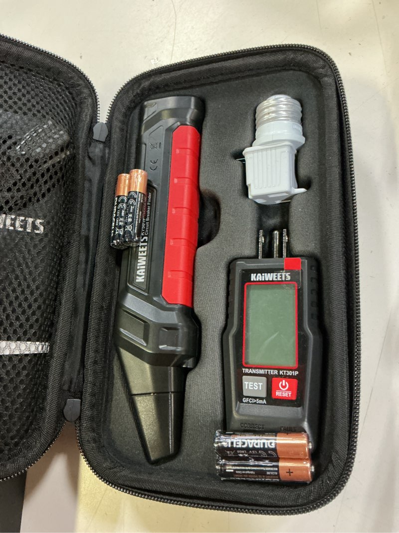 Condition photo showing Good Condition for kaiweets circuit breaker finder with lcd display, gfci outlet tester, electrical circuit tracer tool with ncv test & flashlight, includes carrying case and adapters- kt301p