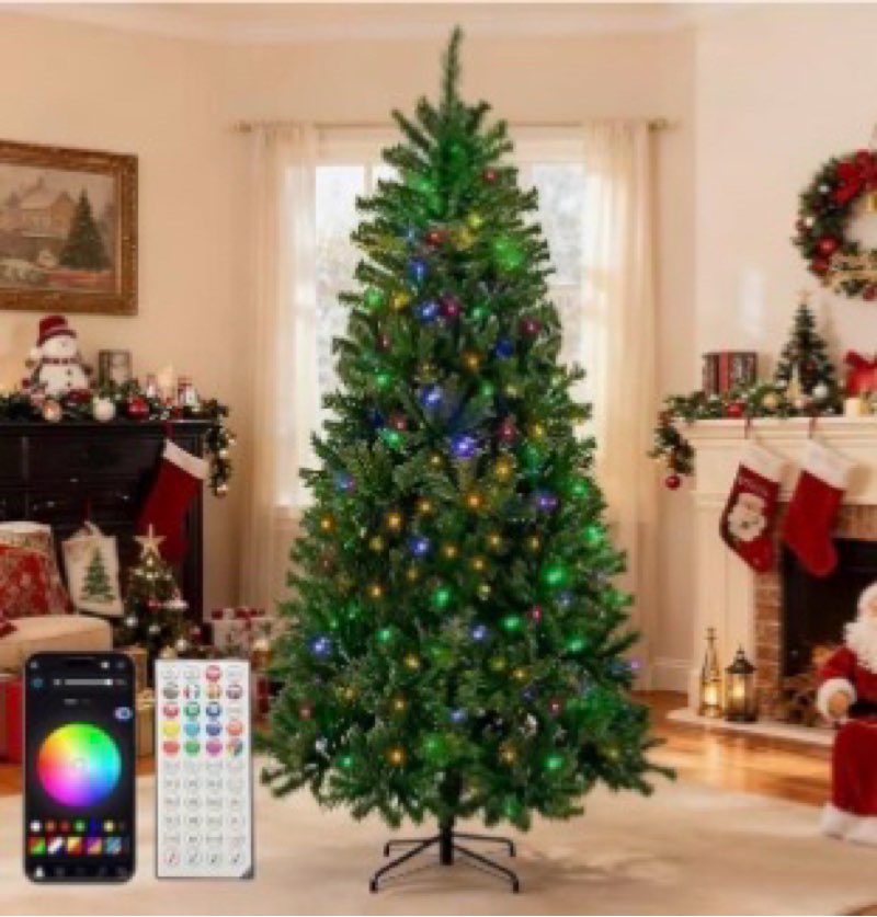 HOLILLUMA 7.5FT Pre-lit Christmas Tree, RGB Color Changing Smart Artificial Christmas Tree with Ligh
