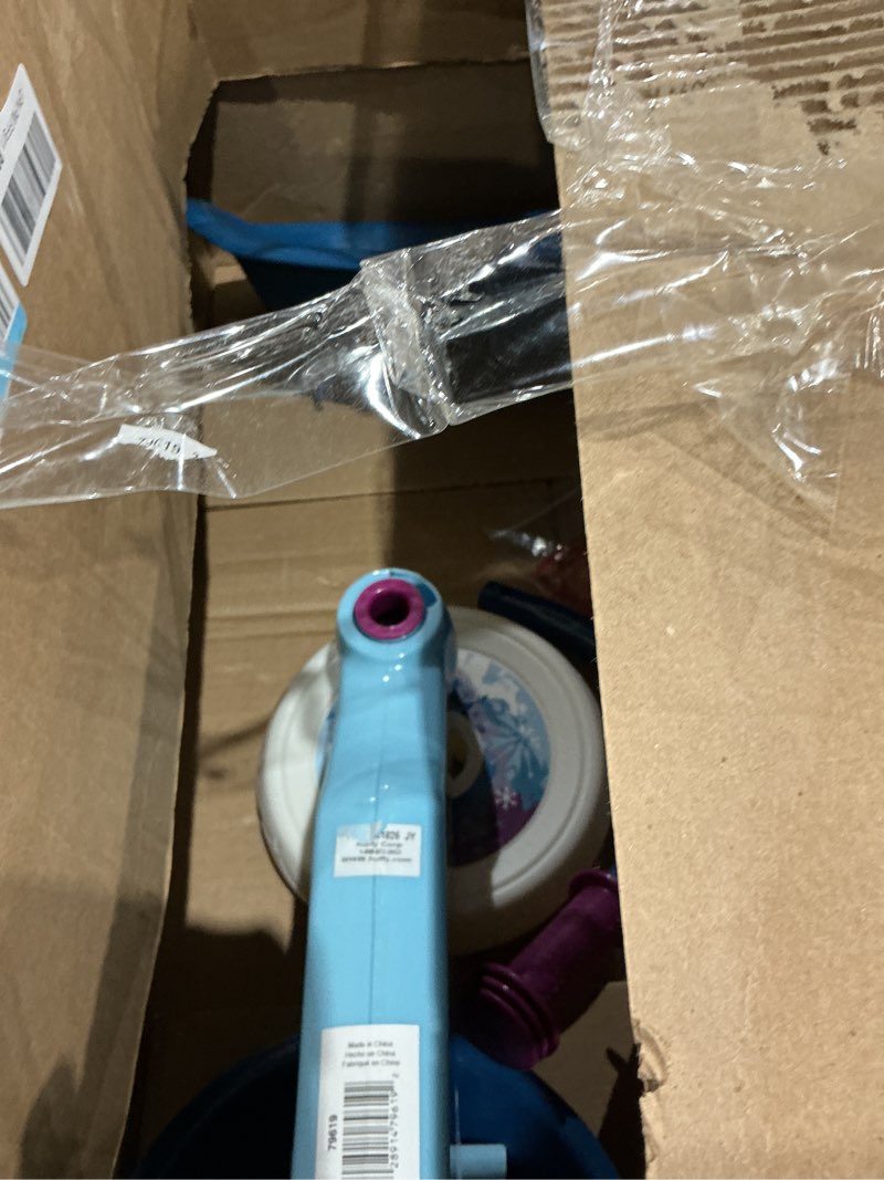 Condition photo showing As Is for huffy frozen 2 kid tricycle 3 wheel trike with two storage bins