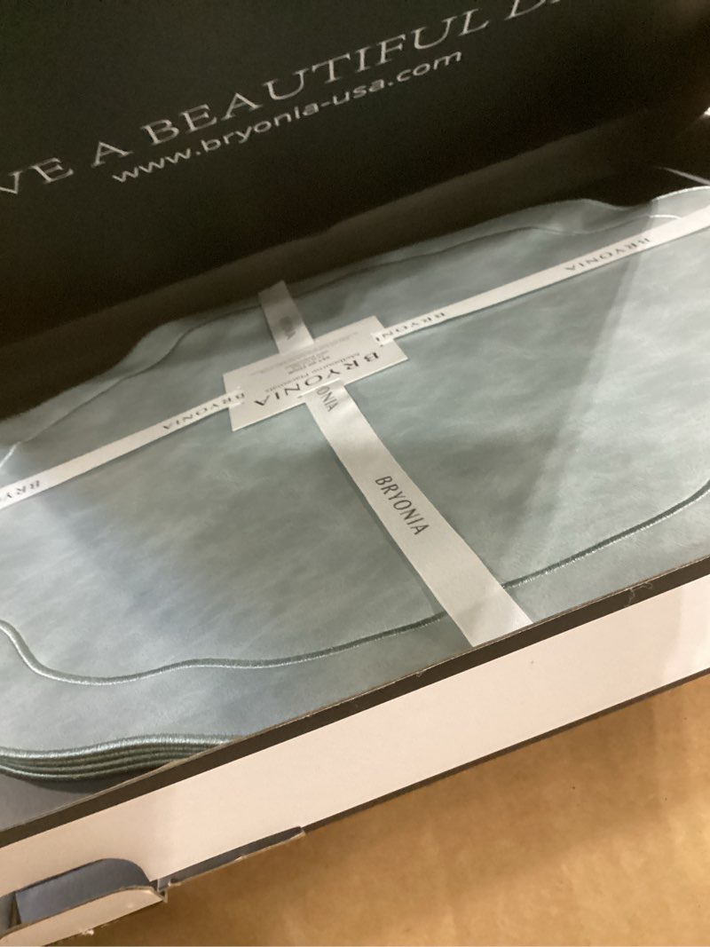 Condition photo showing Good Condition for embroidered scalloped faux leather placemats set of 4 - earth tone, soft, wipeable luxury dinner table mats for dining & wedding, gift for mom, 17.25" x 15", light blue gray