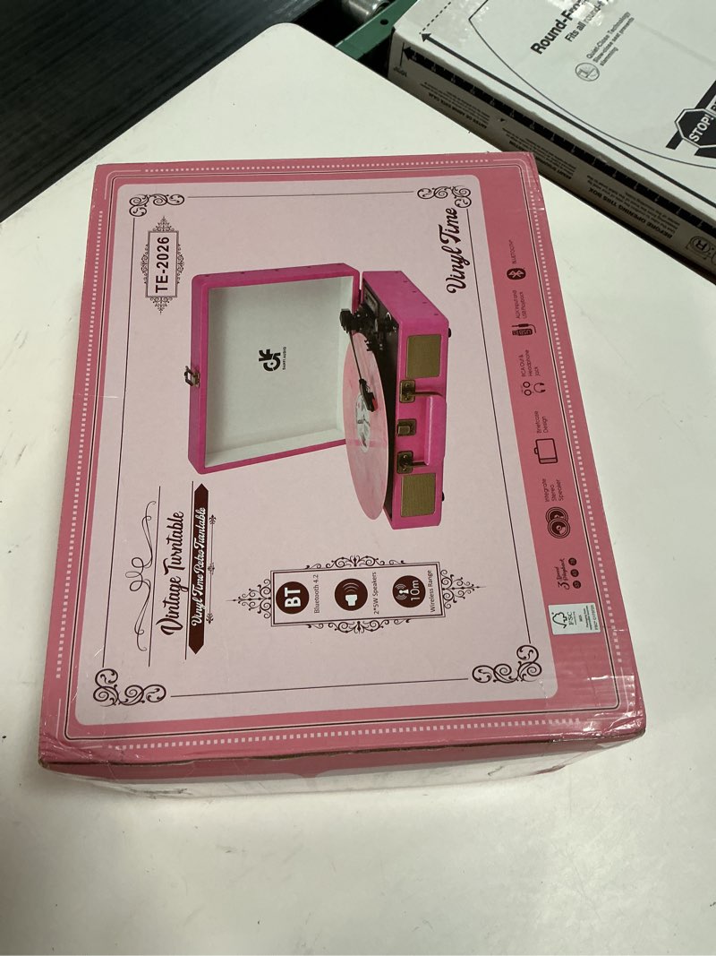 Condition photo showing New/Like New for vintage bluetooth suitcase record player with built-in speakers, 3 speed portable turntable with usb vinyl audio recorder rca aux-in & headphone jack (pink)