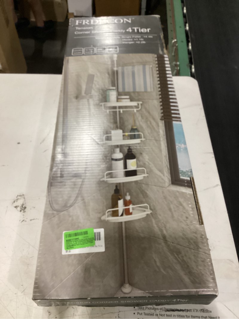 Condition photo showing New/Like New for rustproof shower caddy corner for bathroom, 4-tier tension pole stainless steel shower organizer, 56 to 115 inch adjustable bathtub shower shelf storage with 1 tower bar, white