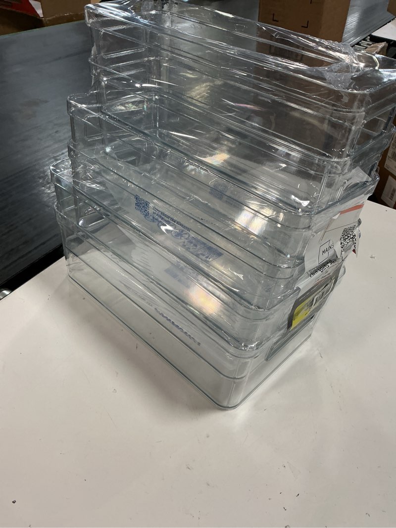 Condition photo showing New/Like New for mainstays 6-piece clear plastic fridge storage organizer bin set, refrigerator organizer containers for kitchen, pantry and cabinet organization