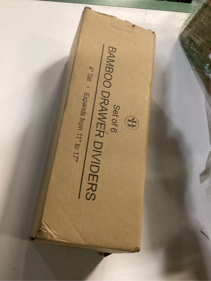 Condition photo showing New/Like New for 6 Pack Drawer Dividers 4 Inch High, 11”-17" Adjustable Bamboo Organizers Large Expandable Drawer Separators for Cloths, Dresser, Bedroom, Bathroom, Baby Drawer, Office & Kitchen Utensils (White) White 4-Inch Deep