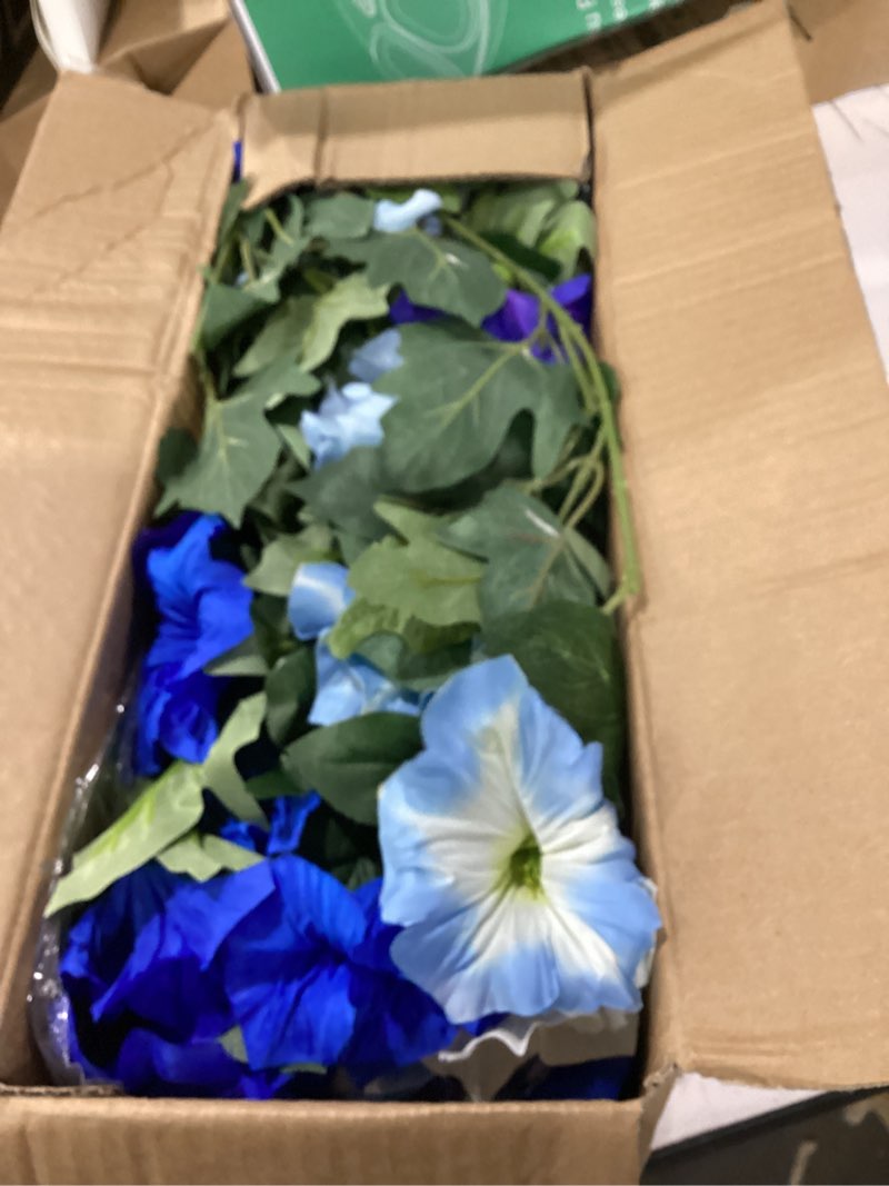 Condition photo showing Good Condition for artificial faux hanging flowers plant for fall outdoor outside decoration, 2 pcs fake silk violets with eucalyptus uv resistant realistic daisy trailing vines for balcony yard patio porch planter,blue