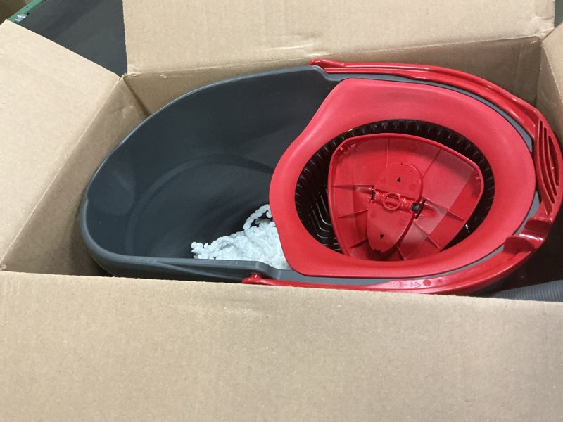 Condition photo showing As Is for o-cedar easywring microfiber spin mop, bucket floor cleaning system, red, gray, standard easywring spin mop & bucket