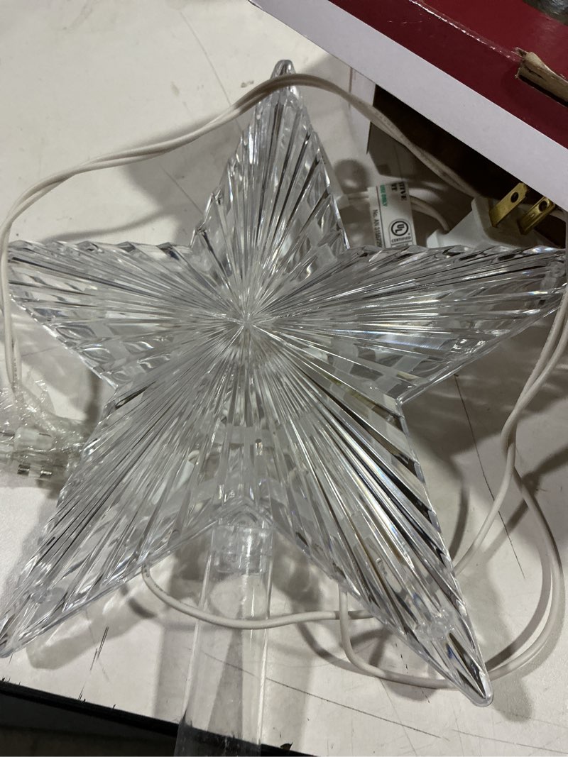 Condition photo showing Good Condition for christmas tree topper lighted star with built-in 10 replaceable bulbs, 9.5” clear five-pointed star tree topper plug in for indoor office xmas new year holiday tree decoration, warm white transparent star 1 pack