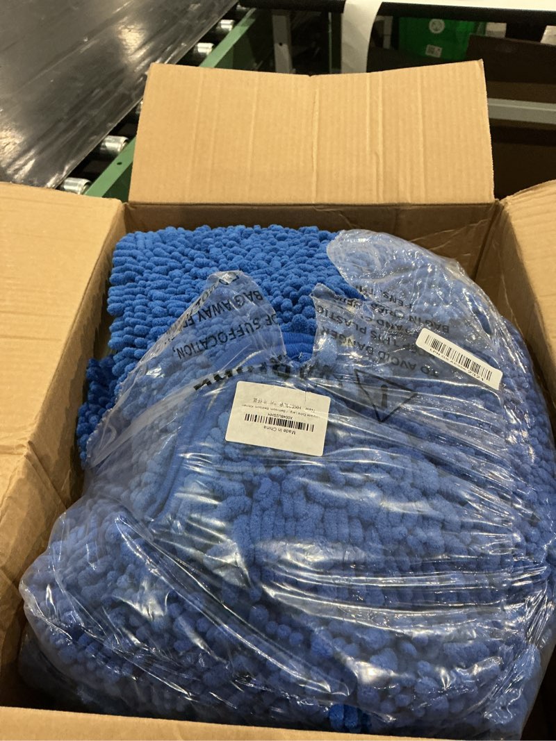 Condition photo showing As Is for accumtek upgrade extra large blue bathroom rug set 3 pieces ultra soft, thick absorbent bath mats, non slip chenille toilet mat for bathroom, bedroom, kitchen 48"x20"+ 24"x17"+ u shape 20"x24" denim blue
