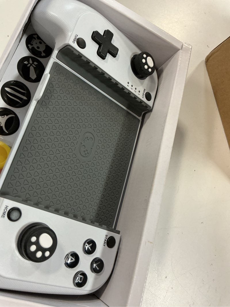 Condition photo showing Good Condition for mocagen mc1 phone controller for iphone/android support phone case, hall effect joysticks, wireless mobile gaming controller with 8-color rgb lighting, turbo, triggers, keylinker app pure white