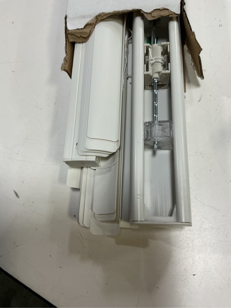 Condition photo showing As Is for 1k+ bought last week project source room darkening 1-in slat width 27-in x 64-in cordless white vinyl room darkening