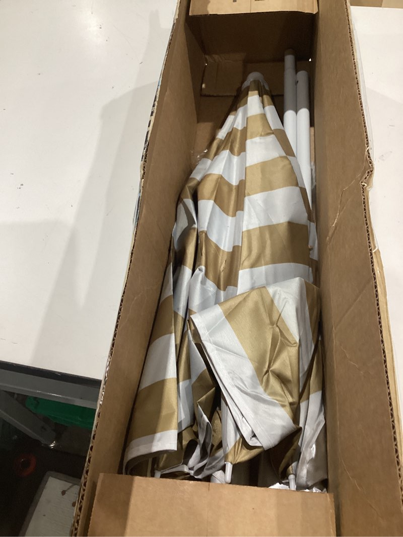 Condition photo showing Good Condition for water table umbrella,kids beach umbrella & picnic table shade,ideal for sand play,camping,beach trips,and garden fun.lightweight yet durable brown&white 71" h x 46" w x 46" d