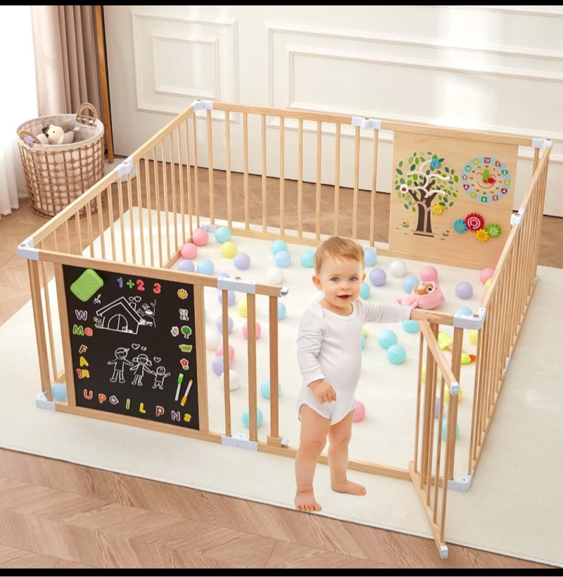 all-in-one wood baby playpen with door, adjustable wooden play fence with magnetic dual-sided chalkboard, whiteboard & montessori activity toys, expandable activity center safe playard for babies 3m+