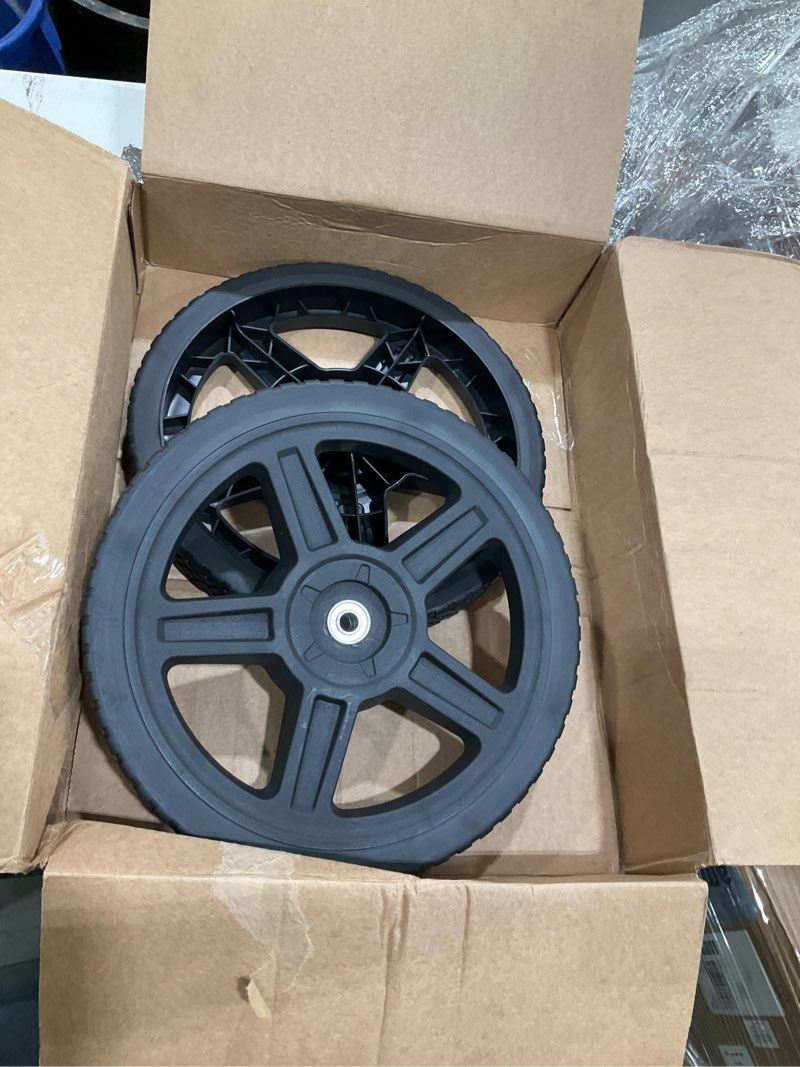 Condition photo showing As Is for incomplete, missing nut kit, cheemuii 12 inch lawn mower wheels 2 pack 12\" push lawn mower wheels with bolts and lock nuts kit fit for most standard push lawn mowers/generator/garden tiller/handtruck 12 inch - 2 pack black-2pack