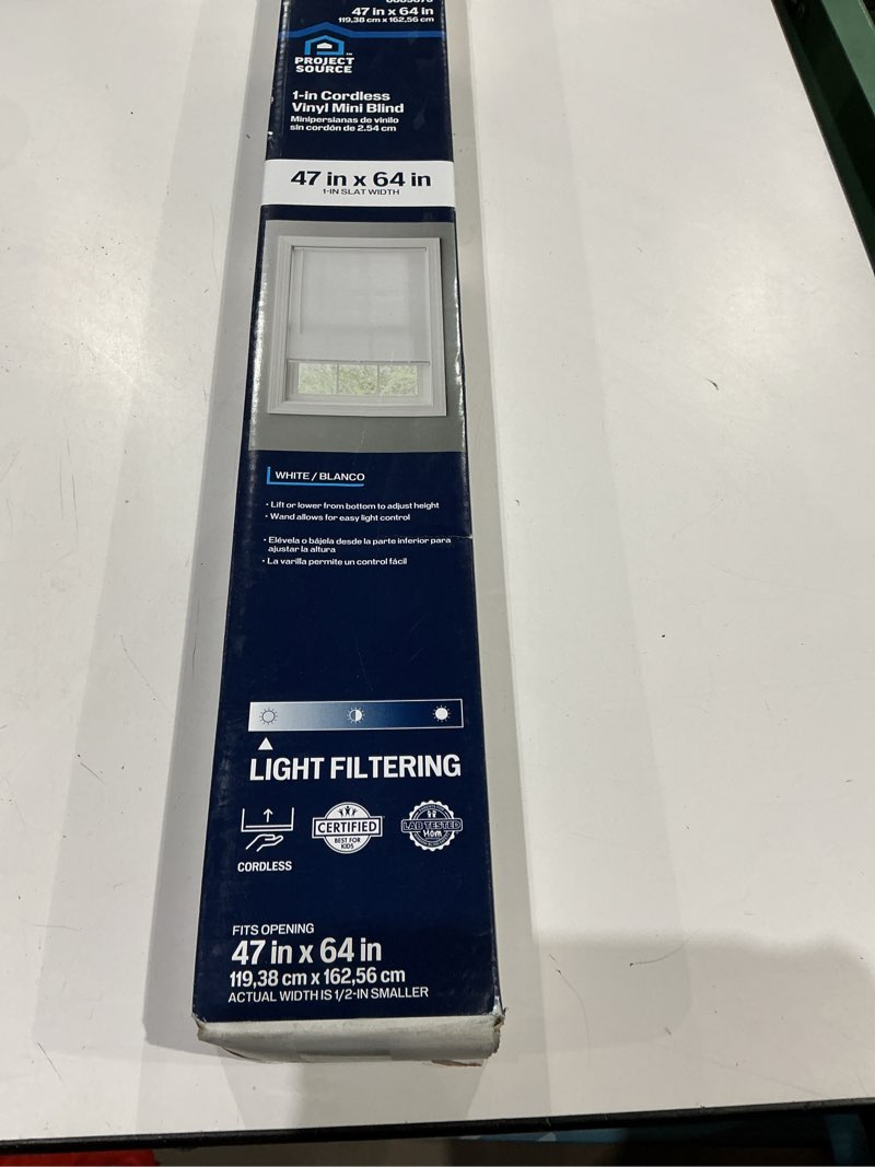 Condition photo showing As Is for project source light filtering 1-in slat width 47-in x 64-in cordless white vinyl light filtering mini-blinds