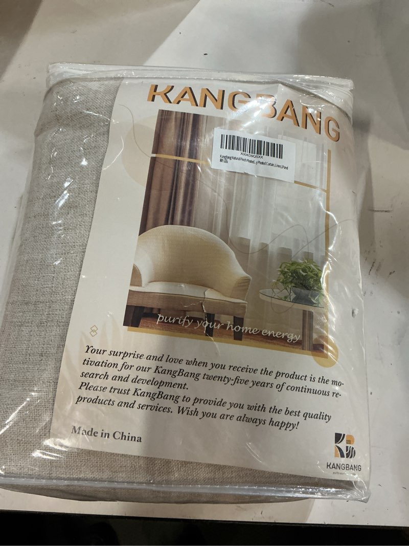 Condition photo showing New/Like New for KangBang Natural Pinch Pleated Extra Wide Curtains 100Wx84L Inches, Faux Textured Linen Blended Semi Sheer Drapes with Hooks, Light Filtering Privacy Pleated Curtain, Linen,1Panel