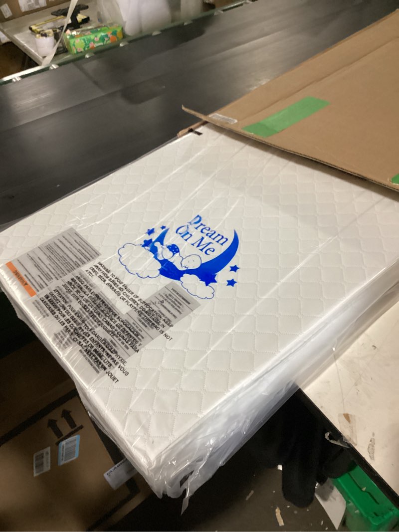 Condition photo showing New/Like New for dream on me sunset 3” extra firm mini/portable crib mattress, fiber core, greenguard gold & jpma certified, fits mini & portable cribs, waterproof vinyl cover, 10-year limited warranty white