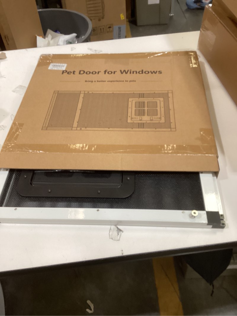 Condition photo showing As Is for ventilated pet door for window 38"-44" wide adjustable, silver aluminum frame + stainless steel mesh | breathable bug-proof | 4-way lock magnetic closure cat window door,cat door for window insert sliver 38''-44''w × 18''h