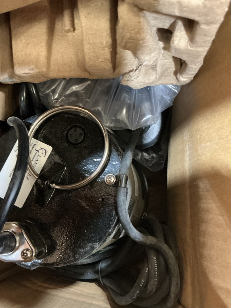 Condition photo showing As Is for lanchez 1.5 hp 53ft submersible sewage pump, 4300 gph heavy duty cast iron effluent pump with automatic tethered float switch, sump pump for sump basin, basement, residential, 2" npt discharge, black