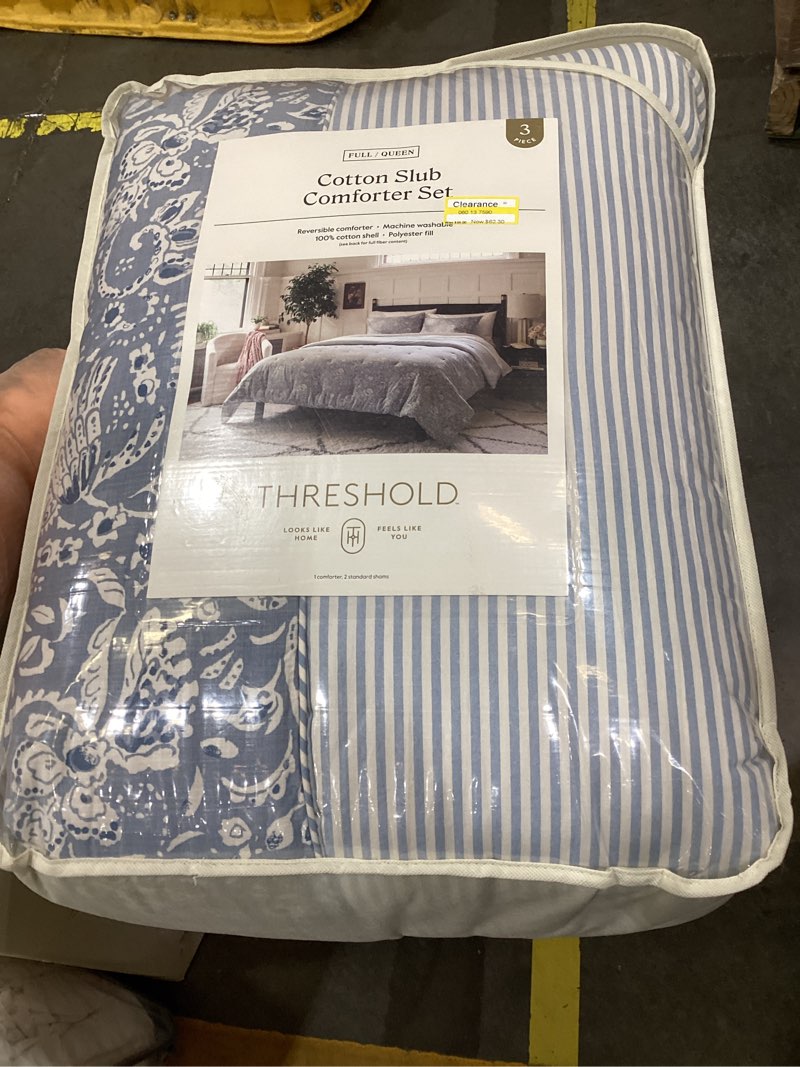 Condition photo showing As Is for hyde lane farmhouse comforter set gray, full/queen size boho bedding sets, cotton top with modern neutral style clipped jacquard stripes, 3-pieces including matching pillow shams (90x90 inches) full/queen: 90"w x 90"l gray