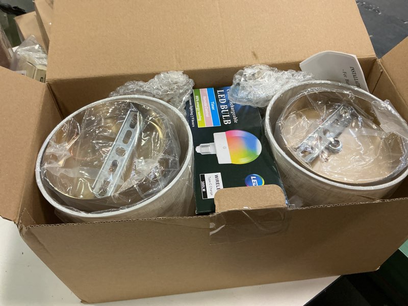 Condition photo showing Good Condition for Battery Operated Wall Sconce Set of Two,Gold Wireless Modern with Remote Control Rechargeable Dimmable Lighting Indoor, LED Wall Lamp Fixtures for Bedroom, Living Room, 2-Pack Gold+Fabric