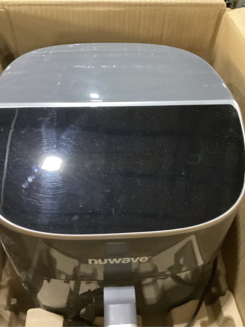 Condition photo showing As Is for Nuwave Brio Plus 8 Qt Air Fryer, PFAS Free, New & Improved, Digital Touch Screen, Cool White Display, 50°F~400°F in Precise 5°, 5 Cook Functions, 100 Presets & 50 Memory, 3 Wattages 700, 1500, 1800 Cool Gray