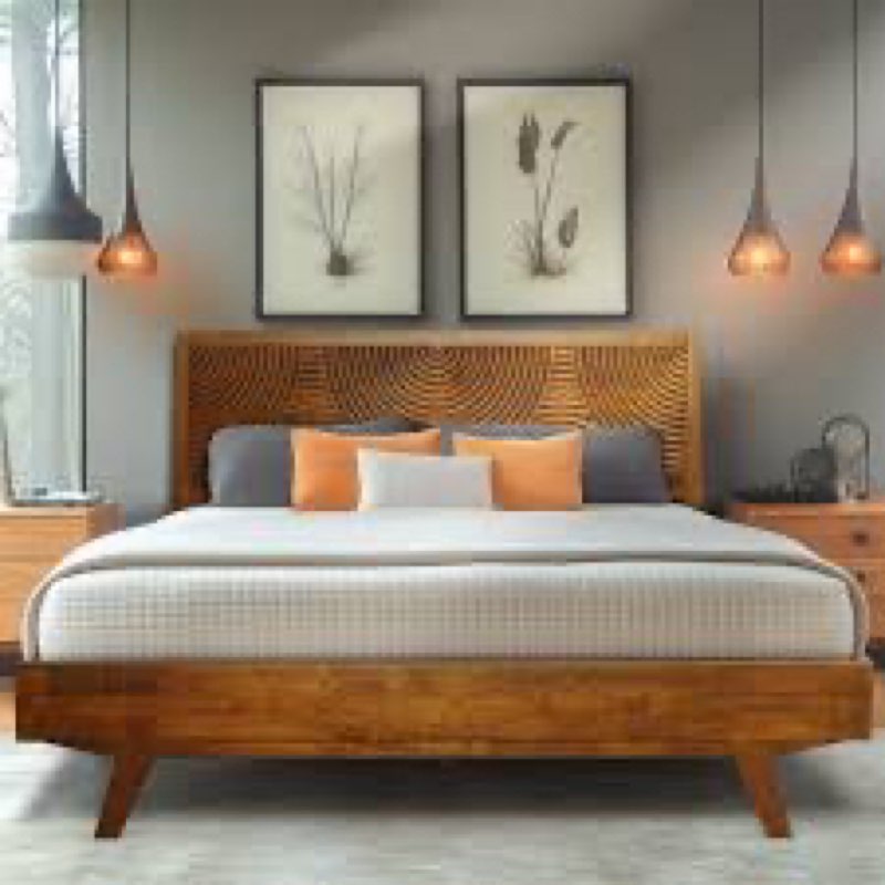 Solid  Wood Platform Bed Frame with Headboard – Mid-Century Modern Style, Carved Wood Grain, Easy Assembly with Smart Tool, No Box Spring Needed