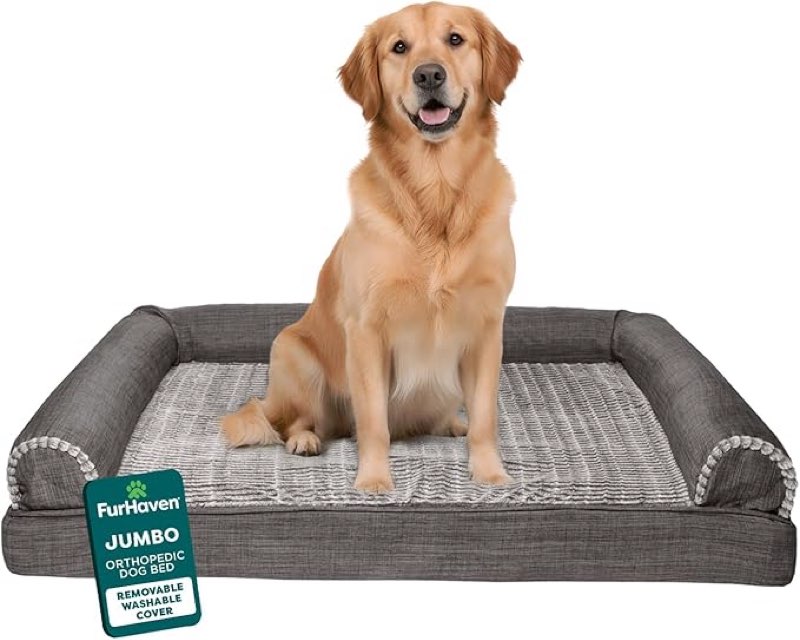 Furhaven - Orthopedic bed for large dogs up to 95 lbs; luxurious synthetic hair and heavy duty linen sofa, with removable cushions and washable cover, good performance, XL giant, charcoal