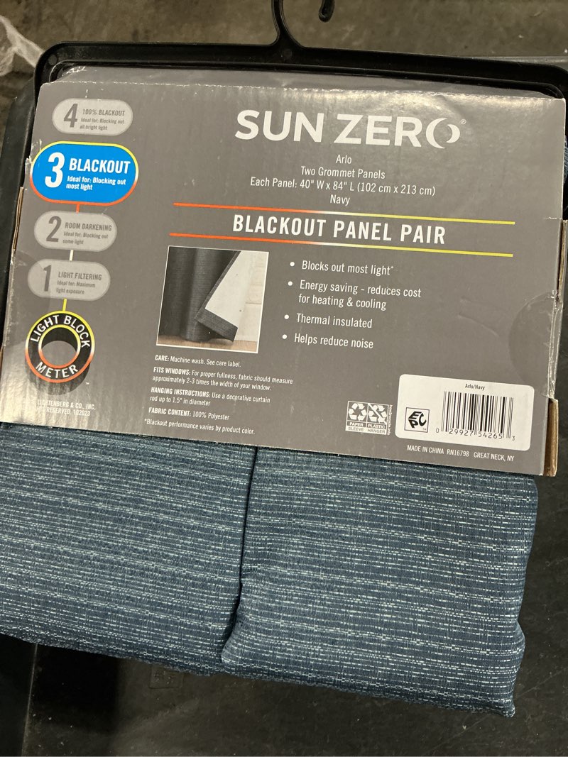 Condition photo showing As Is for sun zero 2-pack arlo textured thermal insulated grommet curtain panel pair, navy, 40" w x 84" l