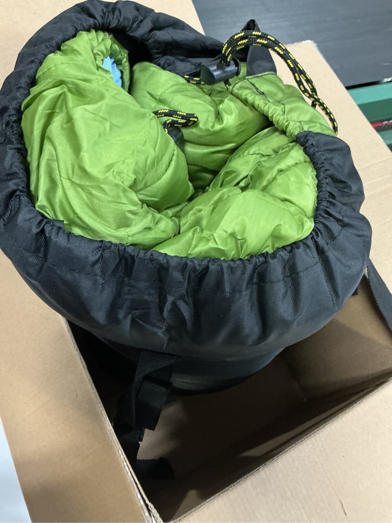 Condition photo showing As Is for teton leef lightweight mummy sleeping bag for camping, hiking, backpacking; cold weather option, compression sack included 0f regular moss/sky