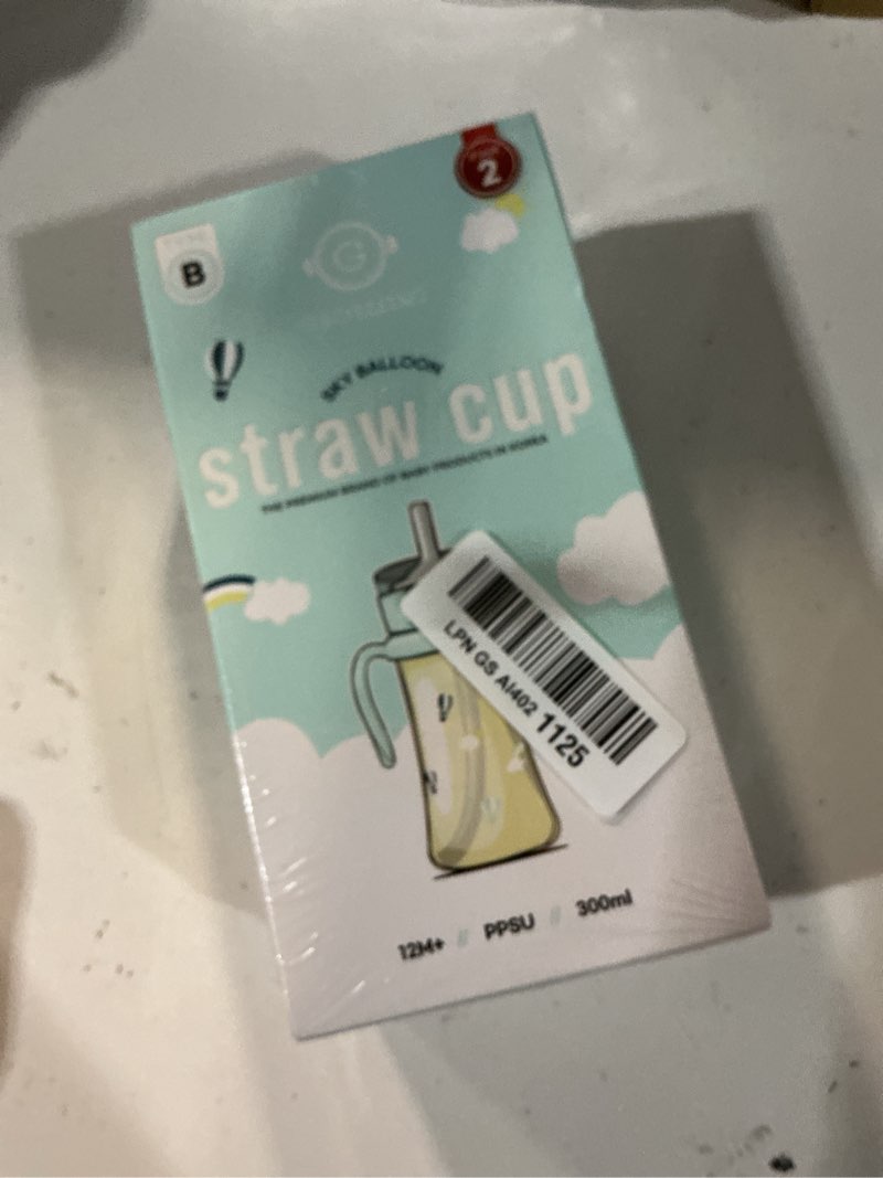 Condition photo showing New/Like New for grosmimi baby straw cup, spill-proof ppsu sippy cup with flip-top, rotating handles for babies & toddlers 12+ months, bite-resistant silicone straw, bpa-free, stage 2, 10oz (air balloon)