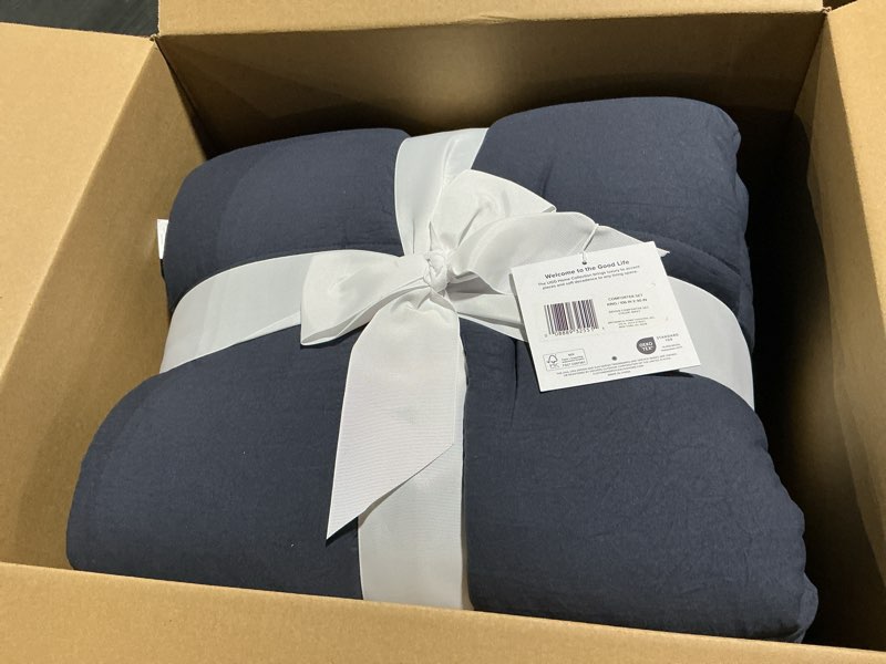 Condition photo showing New/Like New for UGG King Size Comforter Set with 2 Pillow Shams Lightweight Down Alternative Comforter King Size Blanket Reversible Cozy Warm All Season Washable Hypoallergenic Bedding Set, Navy Blue (Leonora) Blue King