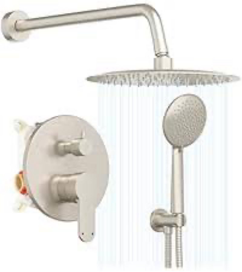 gabrylly shower system, slide bar shower faucet set with high pressure 8" rain shower head and 3-setting handheld shower set, shower valve with trim and diverter, brushed nickel