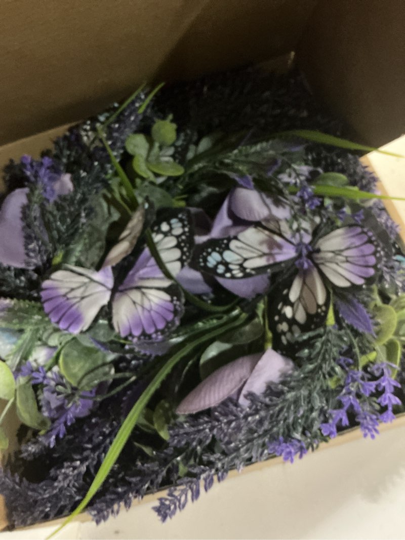 Condition photo showing New/Like New for 6 pcs spring lavender tulips small candle rings wreaths mini pillar candle holder wreath with artificial purple flowers and butterflies for home kitchen front door window porch wall table cnterpieces 6 purple tulips