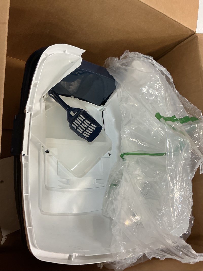 Condition photo showing Good Condition for iris usa cat litter box, large enclosure with front door flap and scoop, covered box with handle and buckles for portability and privacy, navy/white