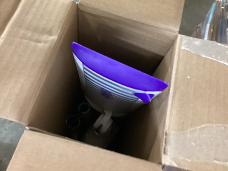 Condition photo showing As Is for swiffer powermop multi-surface mop kit for floor cleaning, fresh scent, mopping kit includes powermop, 2 mopping pad refills, 1 floor cleaning solution with fresh scent and 2 batteries purple and white