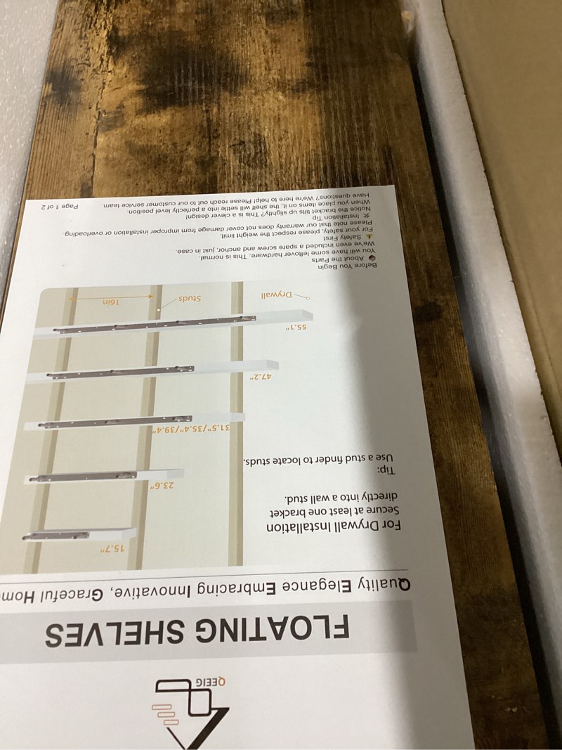 Condition photo showing New/Like New for qeeig floating shelves for wall 23.6" long - wall mounted shelf bathroom kitchen living room bedroom farmhouse home decor display bookshelf set of 2, rustic brown (008-60bn) 23.6" a. brown