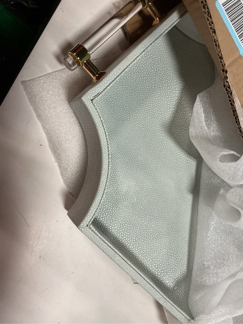 Condition photo showing As Is for 22.6'' × 13'' Coffee Table Tray Shagreen Decorative Tray for Ottoman Home Decor Serving Tray with Acrylic Gold Handles Modern Elegant Scalloped Large Ottoman Tray Ice Blue 22.6" x 13" x 2"