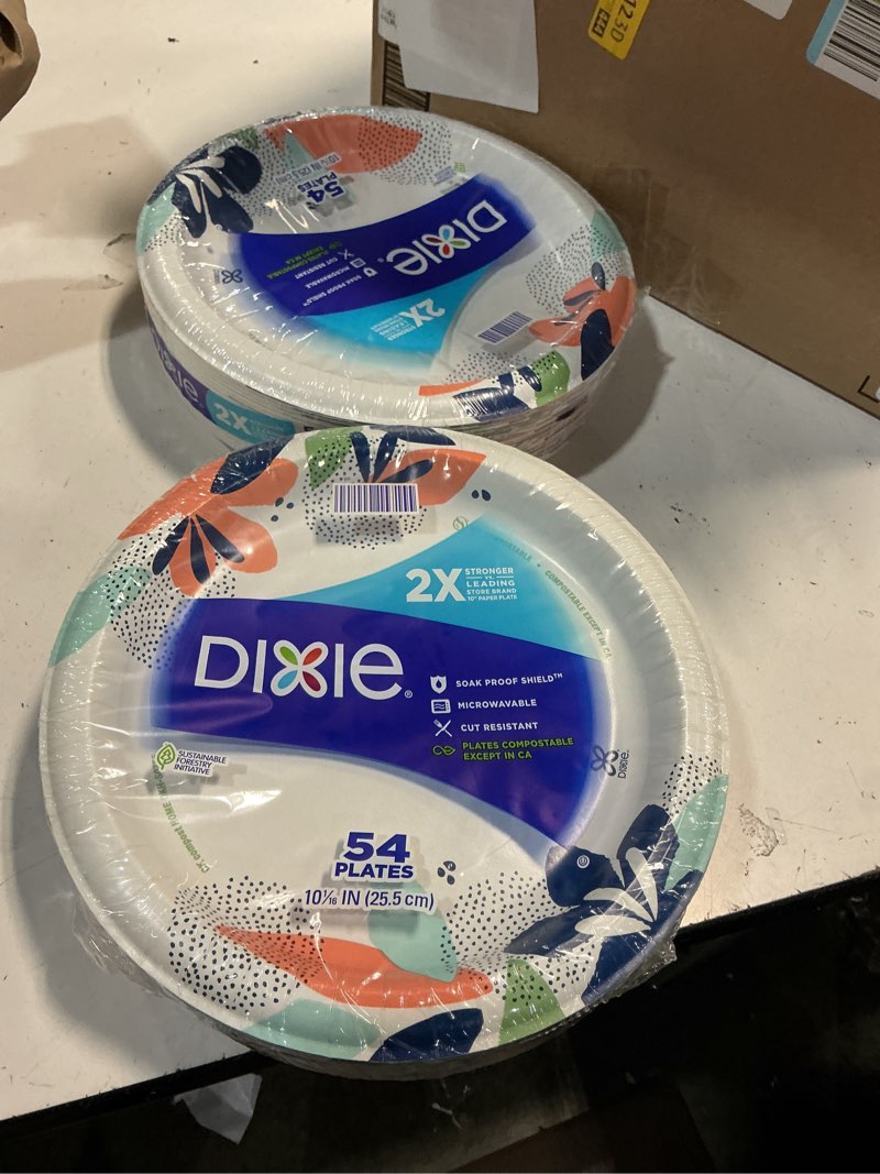 Condition photo showing New/Like New for (108  units )dixie large paper plates, 10 inch, 5108count, 2x stronger*, microwave- safe, soak-proof, cut resistant, disposable plates for every day breakfast, lunch, & dinner meals 10 inch 108 count (pack of 2)