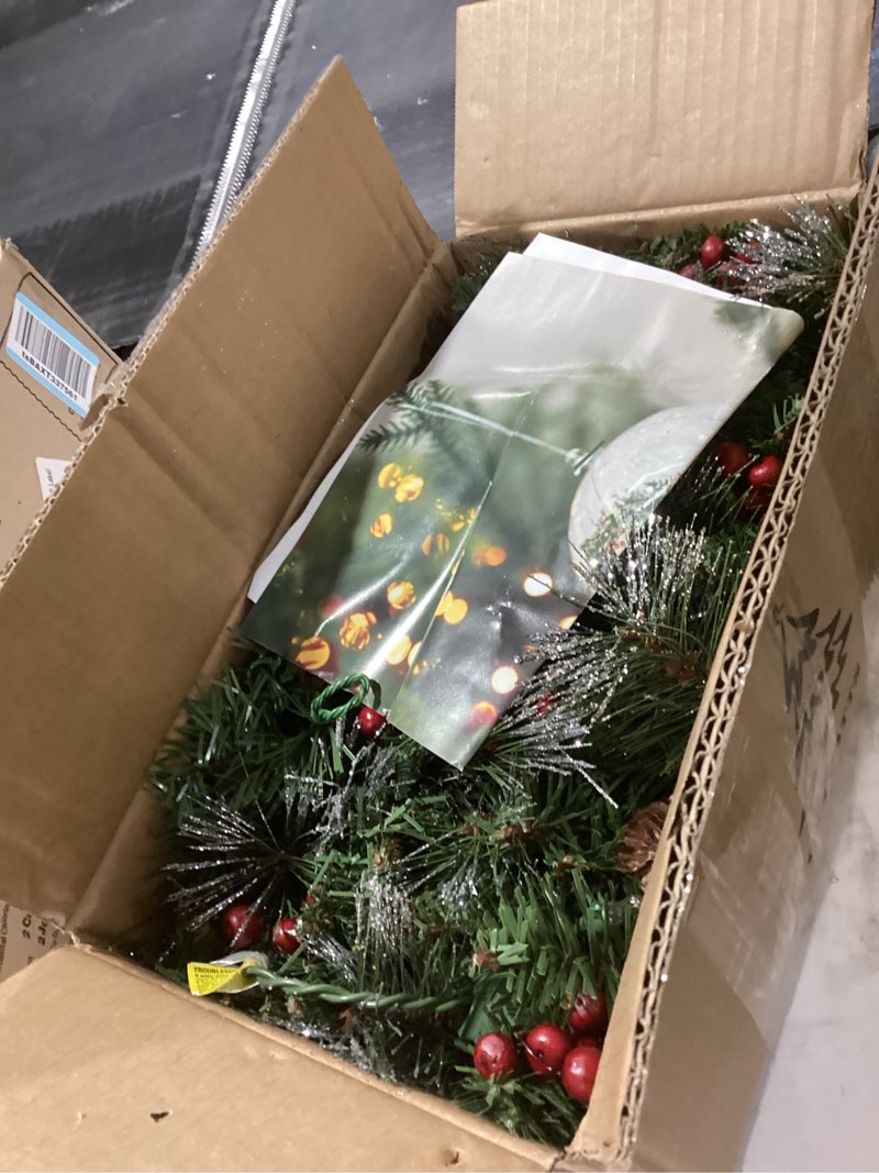 Condition photo showing As Is for Festive Find Pre-Lit Artificial Christmas Garland, Green, Crest Spruce, White Lights, Decorated with Glitter, Pinecones, Berry Clusters, Battery Operated, Christmas Collection (6ft)
