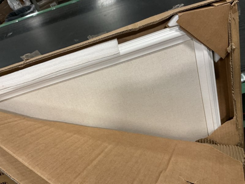 Condition photo showing As Is for U Brands Farmhouse Linen Bulletin Board, 40" x 30", White Wood Style Frame, Industrial Grade Pinning Surface 40"x30" Natural Linen