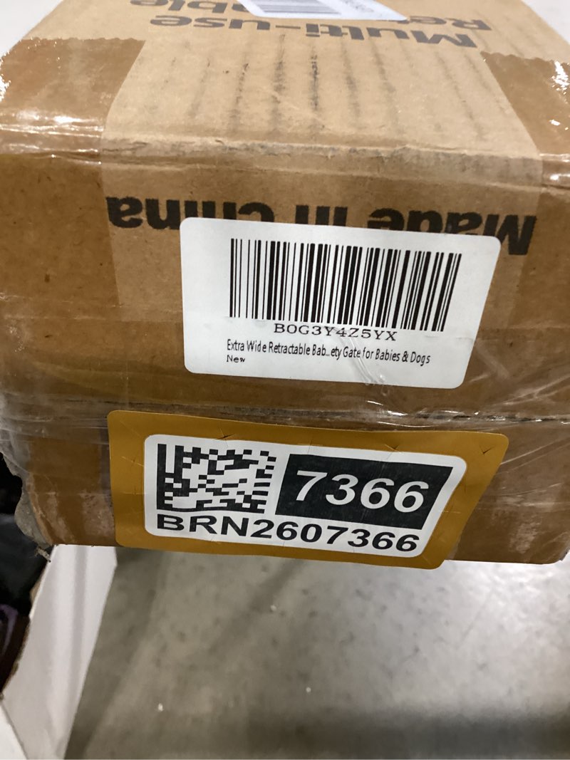 Condition photo showing New/Like New for 120 inch retractable baby gate for stairs - white baby gate 34-inch tall, extra wide mesh retractable dog gate for indoor, outdoor, hallways, room, kitchen, & porch - drill installation white - drill 34" tall x 120" wide