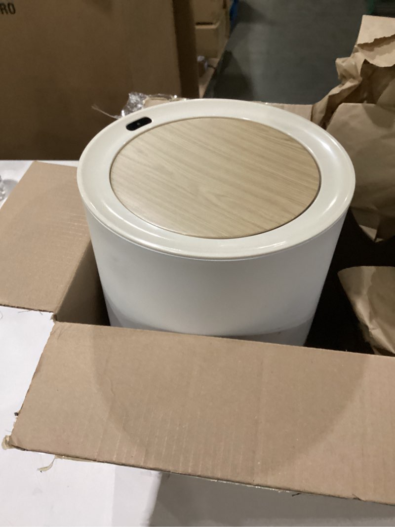 Condition photo showing As Is for URALFA Motion Sensor Trash Can with Lid, Bathroom Garbage can, Small White Wastebasket Touchless Trash Bin with Legs, Automatic Trashcan for Toilet, Bedroom, Office, 1.8 Gallon, White 7 L / White Motion Sensor